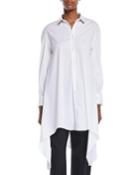 Button-down Long-sleeve Long Poplin Tunic W/ Doubled-collar