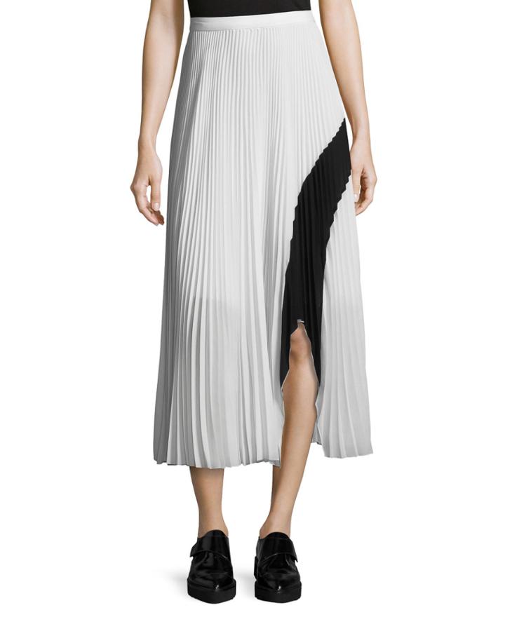 Plisse Plated Asymmetric-hem Maxi Skirt, White/black