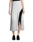 Plisse Plated Asymmetric-hem Maxi Skirt, White/black