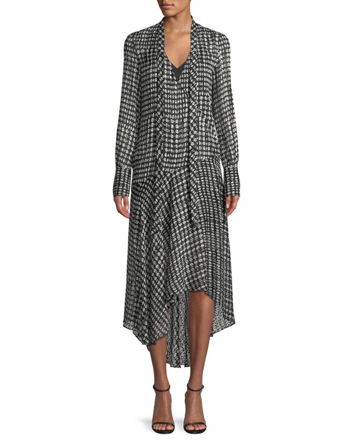 Tie-neck Long-sleeve Broken Oval Silk-blend Scarf Wrap Dress