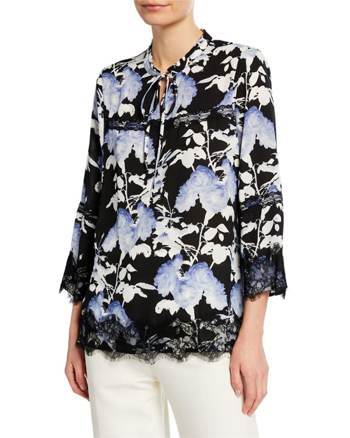 Printed Lace-hem Blouse