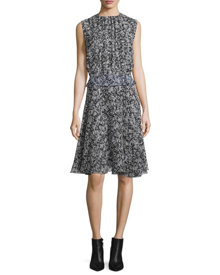 Sleeveless Printed Georgette Dress, Black/white