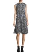 Sleeveless Printed Georgette Dress, Black/white