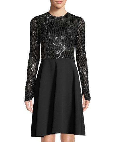 Sequined Long-sleeve Fit & Flare Dress