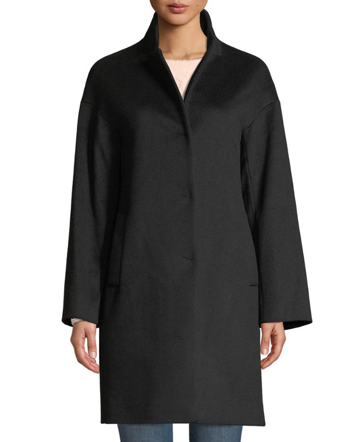 Snap-button Wool-blend Cocoon Coat, Black