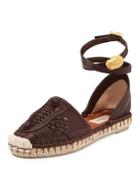 Leather Rockstud Espadrille Flat, Chocolate