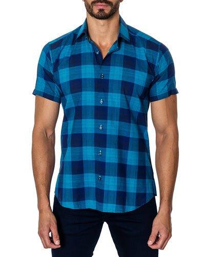 Plaid Short-sleeve Shirt, Turquoise