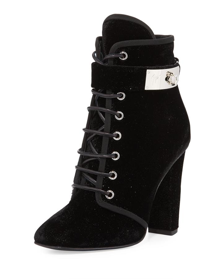 Lace-up Velvet Ankle-buckle Boot, Black (nero)