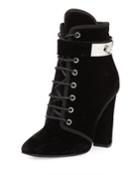 Lace-up Velvet Ankle-buckle Boot, Black (nero)