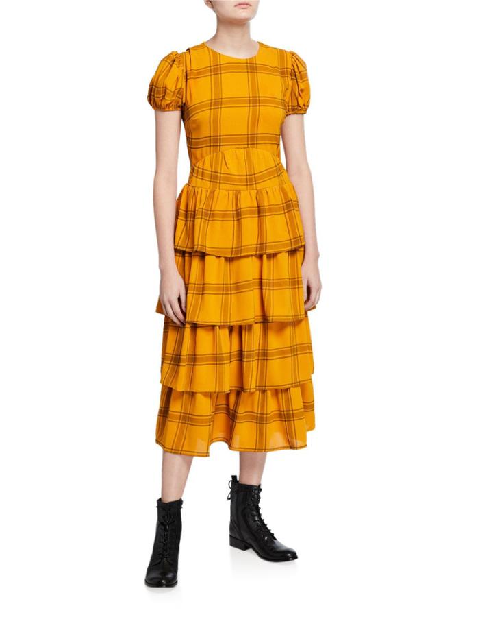 Plaid Puff-sleeve Tiered