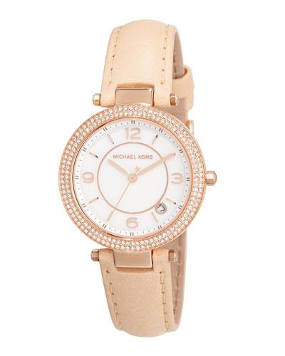 Mini Parker Glitz Watch W/ Leather Strap, Rose Gold/brown
