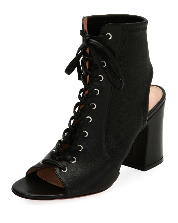 Lace-up Stretch Napa Open-toe Bootie, Black