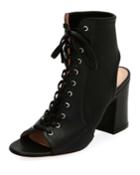 Lace-up Stretch Napa Open-toe Bootie, Black