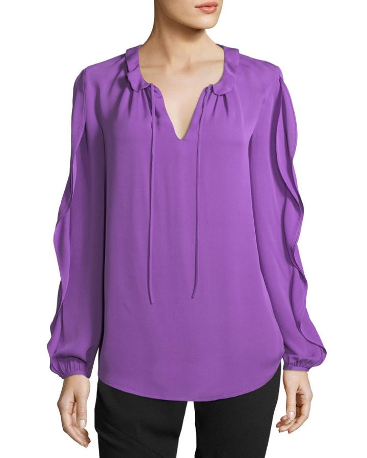 Self-tie Silk Ruffle-sleeve Top
