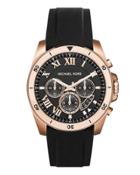 Large Stainless Steel Chronograph Watch W/ Silicone Strap, Rose Gold/black
