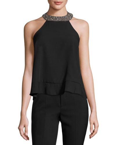 Beaded-trim Halter Top, Black
