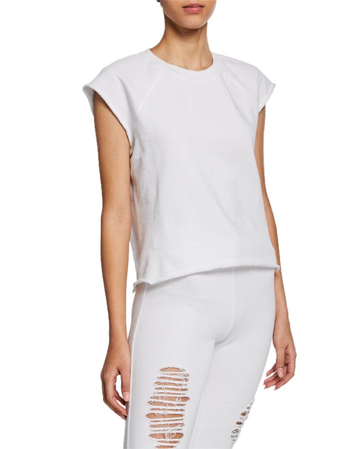 Crewneck Cap-sleeve Raw-hem Pullover