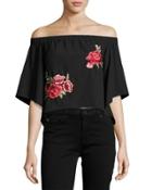 Off-the-shoulder Rose-embroidered Top, Black