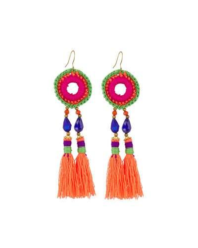 Embroidered Circle Tassel Drop Earrings, Orange