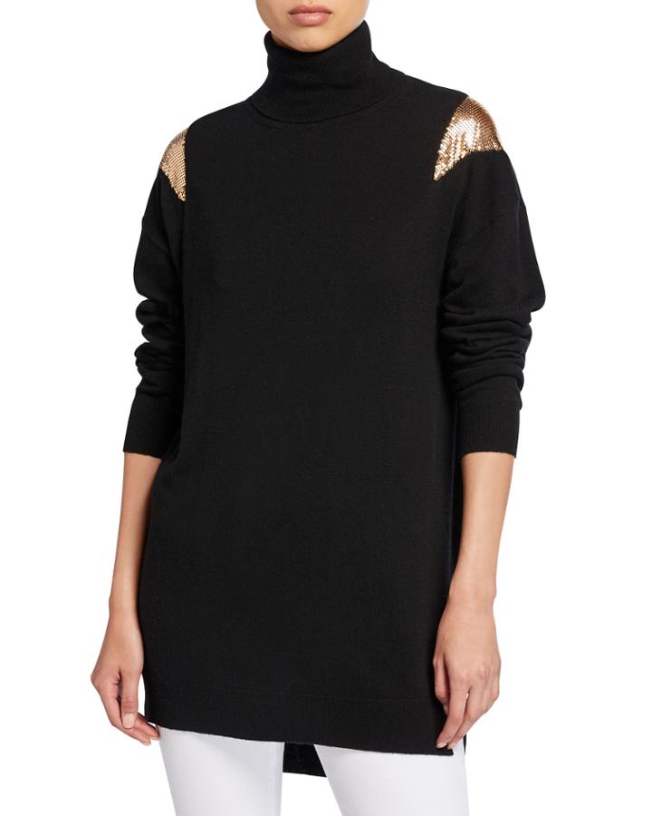 Knit Turtleneck Tunic Sweater With Chainmail