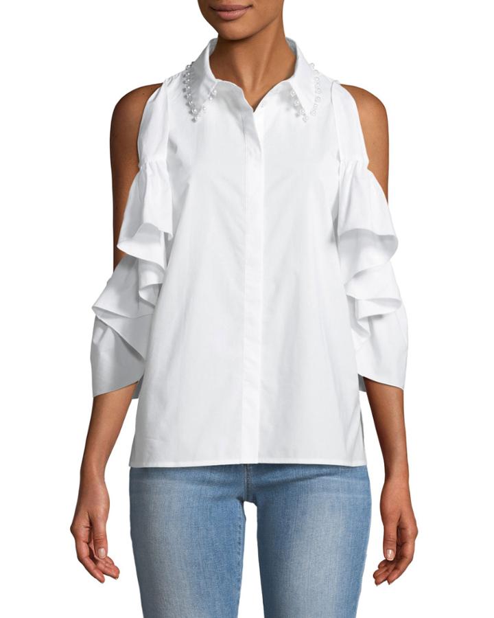 Cold-shoulder Pearlescent Trimmed Poplin Blouse