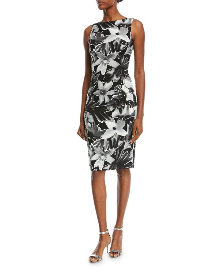 High-neck Sleeveless Floral-print Sheath Cocktail Dress