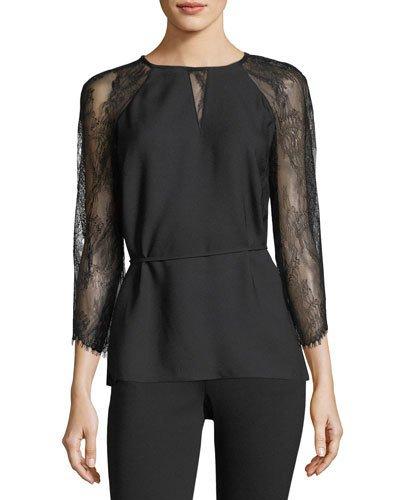 Lace-sleeve Tie-waist Crepe Blouse