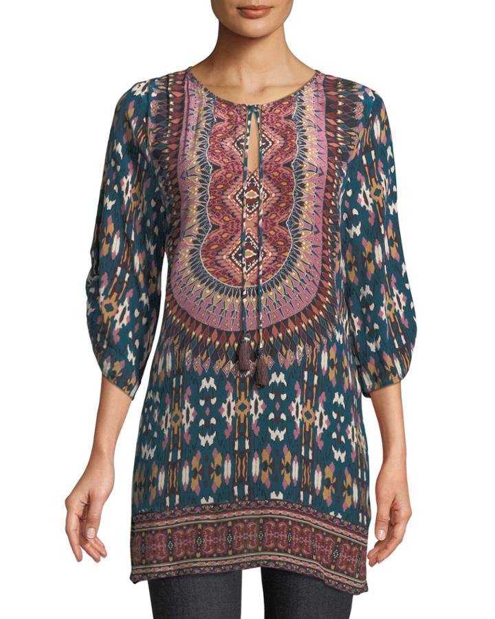 Krisanne Tassel-neck Ruched-sleeve Batik-print Silk Tunic,