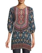 Krisanne Tassel-neck Ruched-sleeve Batik-print Silk Tunic,