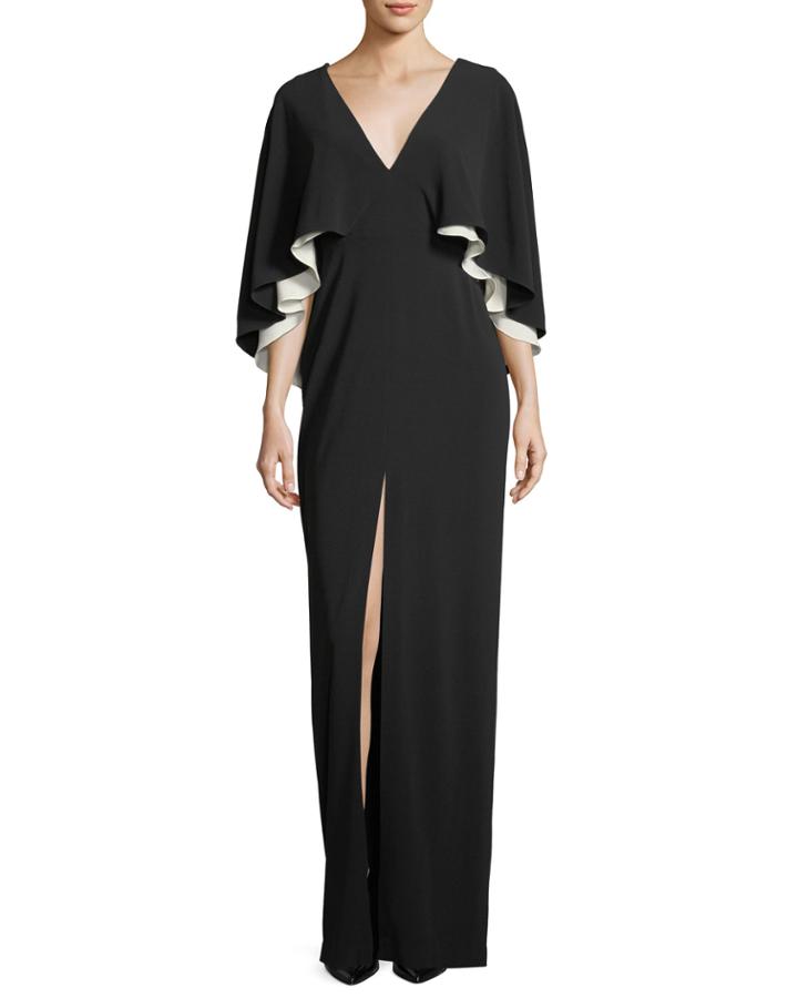 Colorblock V-neck Cape Evening Gown