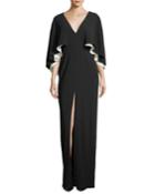 Colorblock V-neck Cape Evening Gown