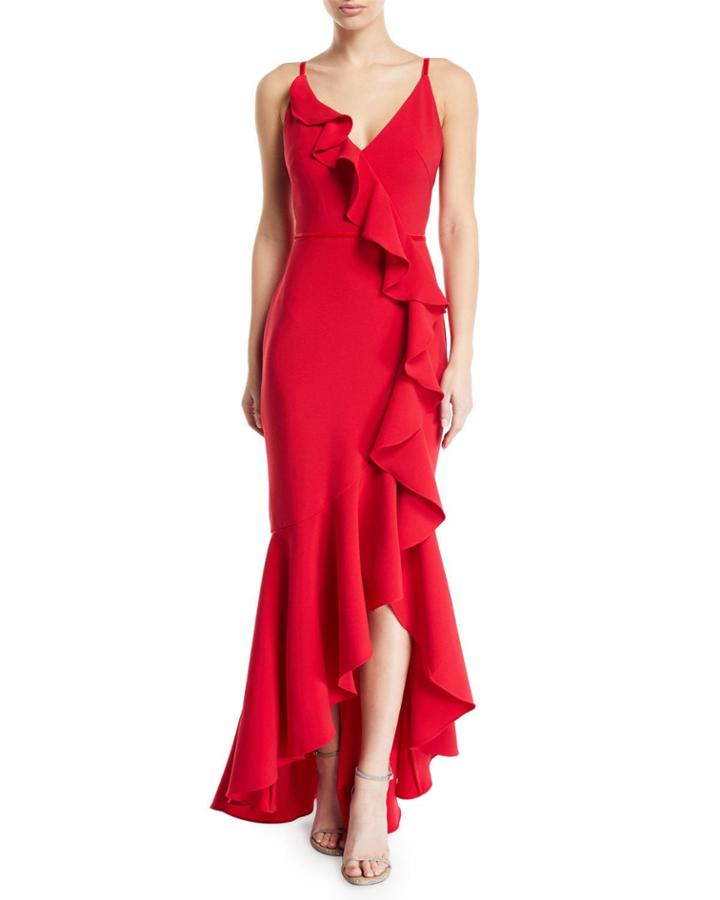 Cascading Ruffle High-low Gown In Crepe