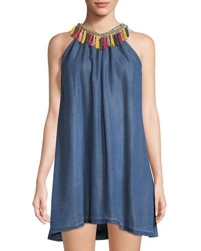 Tassel-neck Chambray Dress