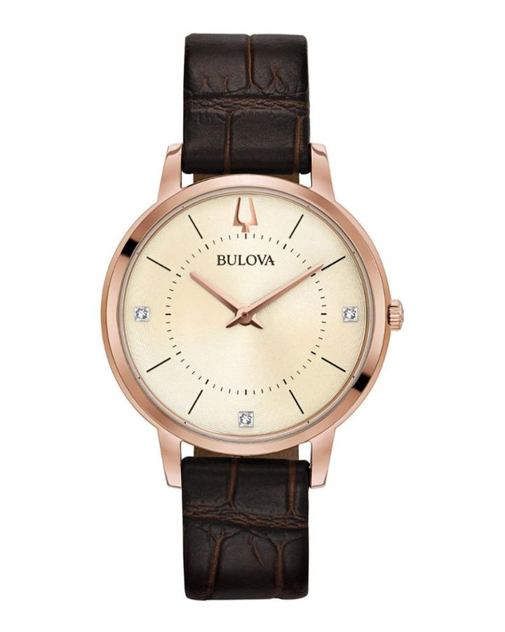 36mm Classic Diamond Watch W/ Leather Strap, Brown/rose