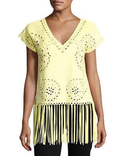 Fringed-hem Faux-suede Top, Yellow