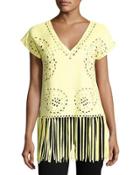 Fringed-hem Faux-suede Top, Yellow