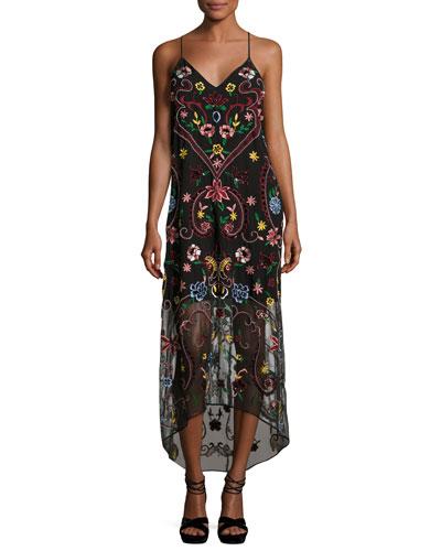 Jameson Floral Embroidered Y-back Midi Dress, Black