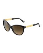 Cat-eye Plastic Sunglasses W/ Diamantissima Temples, Black/gold