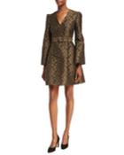 Floral Brocade Bell-sleeve Fit & Flare Belted