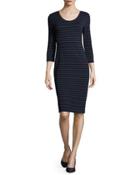 Three-quarter-sleeve Stripe Ponte Dress, Black/blue