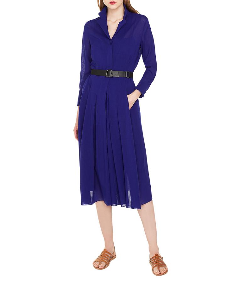 Bracelet-sleeve Pleated-skirt Wool Crepe Georgette Shirtdress With Belt