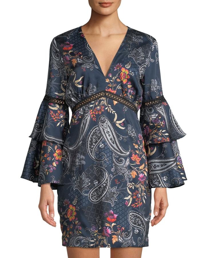 Paisley Flare-sleeve V-neck Dress