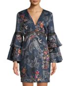Paisley Flare-sleeve V-neck Dress