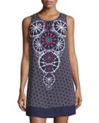 Geometric-print Sleeveless Trapeze Dress, Shocking Pink/multi
