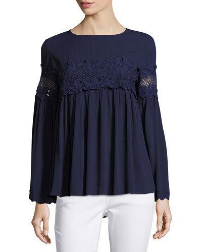 Lace-inset Bell-sleeve Top, Navy