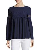Lace-inset Bell-sleeve Top, Navy