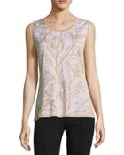 Branch-print Scoop-neck Long Tank, White/sand