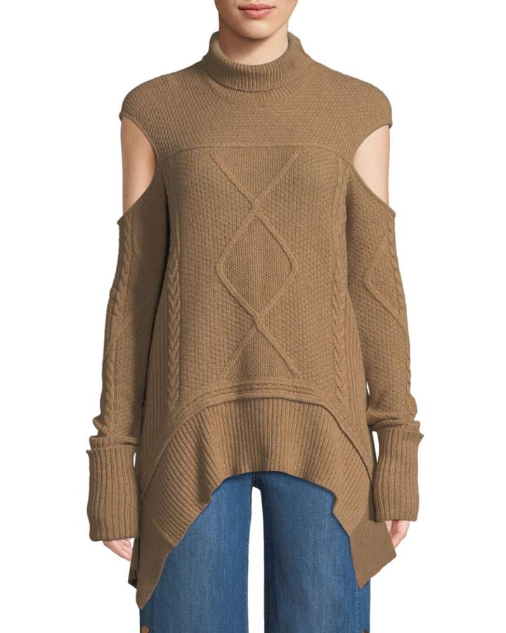 Mock-neck Cold-shoulder Cable-knit Camel-hair