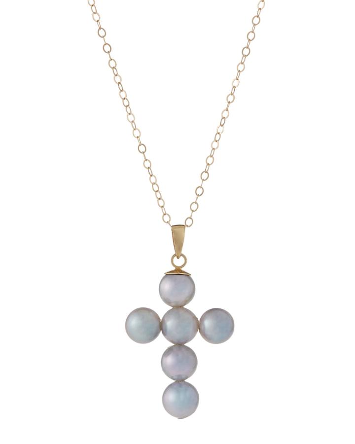 14k Akoya Pearl Cross Pendant Necklace, Gray