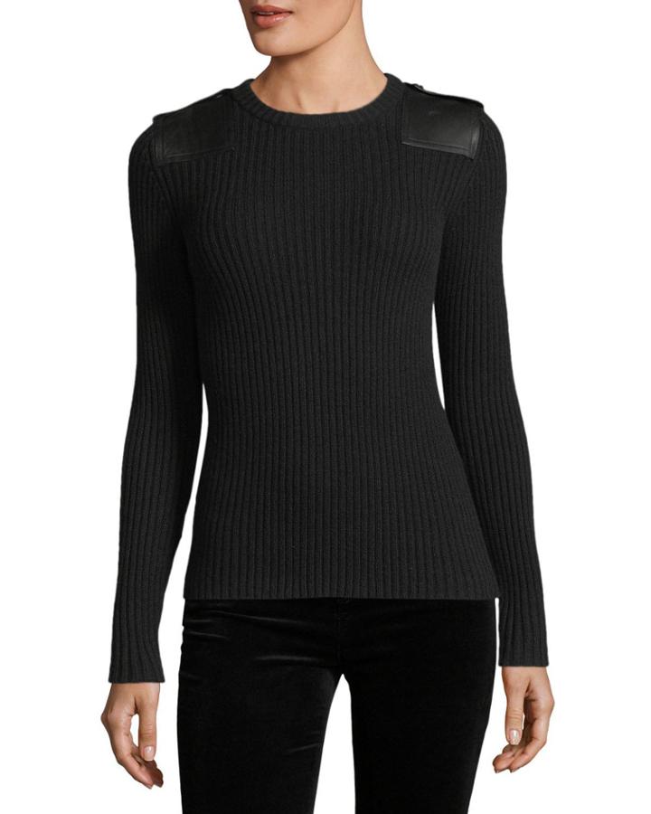 Ribbed Knit Leather-trim Cashmere